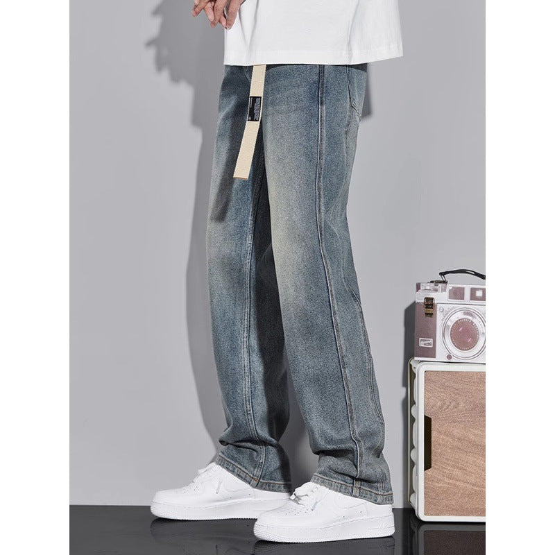 Spring retro jeans men's loose straight trendy men's pants high street wide-leg pants