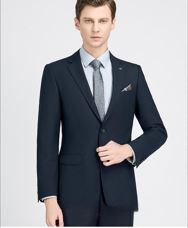 Men's casual suit set, men's navy blue herringbone wool suit, professional jacket