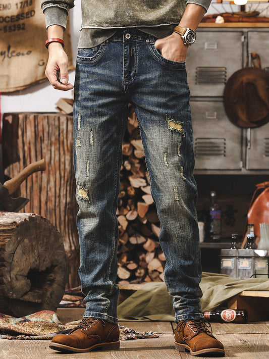 Spring 2025 new trendy straight-tube ripped and distressed men's casual pants