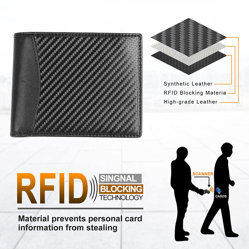 Carbon fiber pattern wallet RFID anti-theft brush multi-function multi-card slot tri-fold loose-leaf