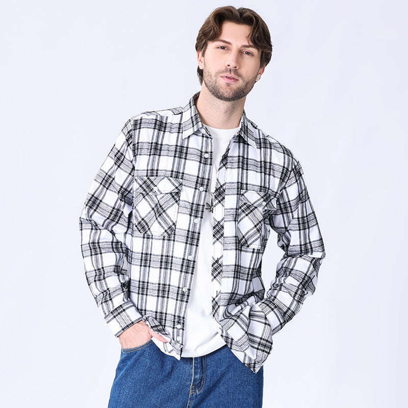 American retro flannel men's long-sleeved brushed plaid shirt men's cool jacket