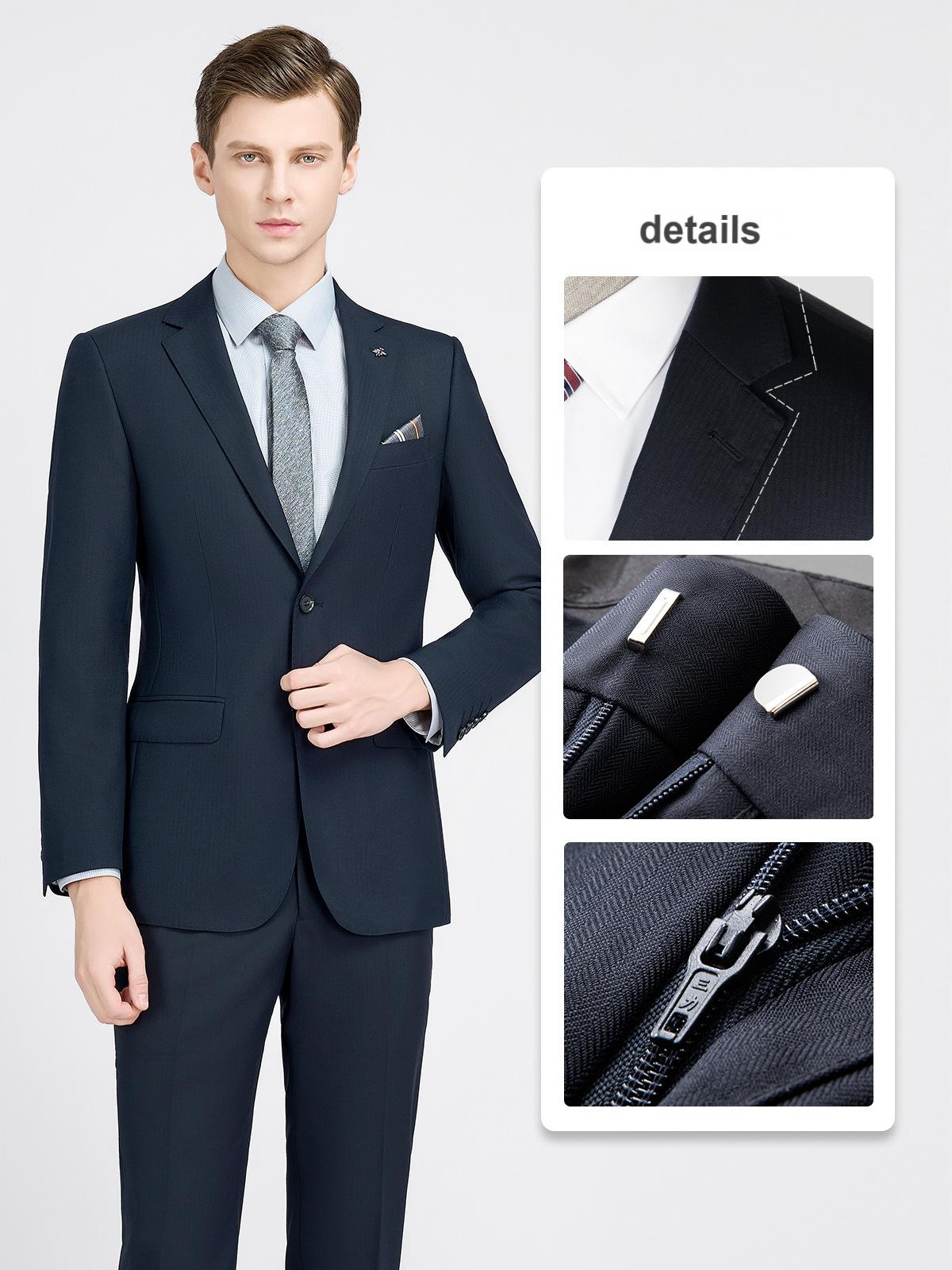 Men's casual suit set, men's navy blue herringbone wool suit, professional jacket