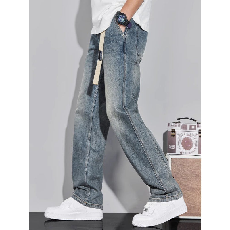 Spring retro jeans men's loose straight trendy men's pants high street wide-leg pants