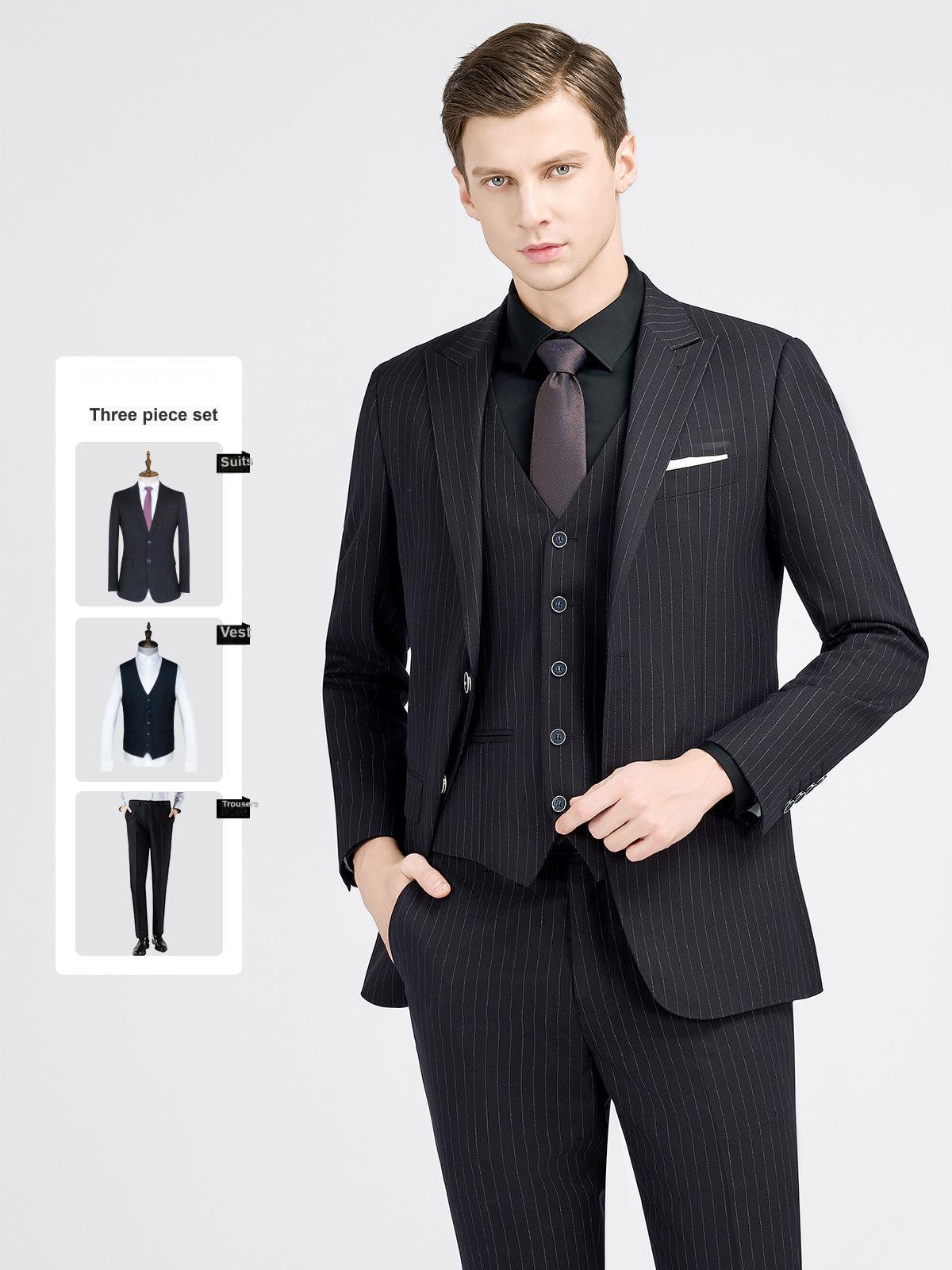 Black striped imitation wool men's suits, men's groomsmen suits, suits, men's wedding suits, professional suits