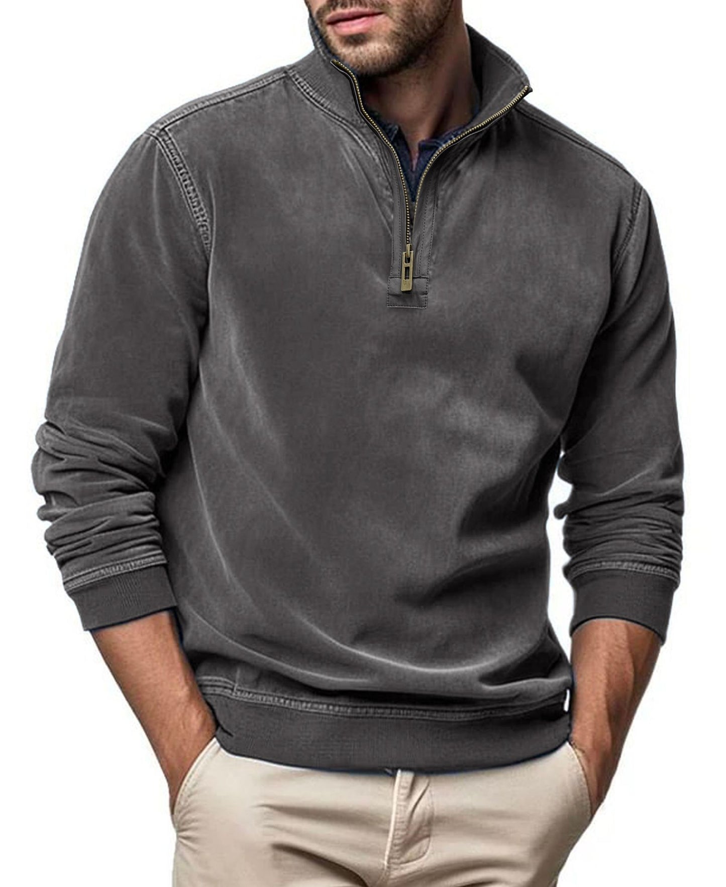 Long-sleeved zipper stand-up collar sweatshirt men's Henry collar imitation leather line pullover top