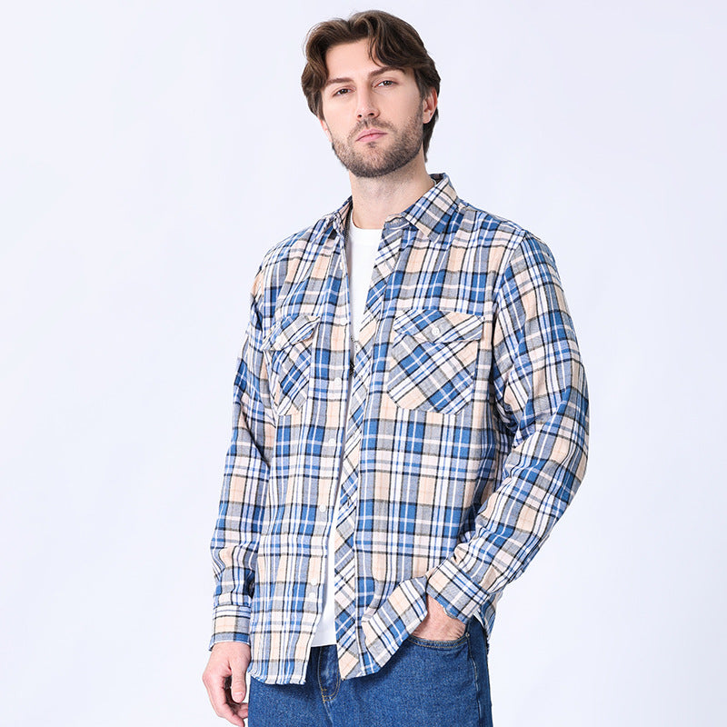 American retro flannel men's long-sleeved brushed plaid shirt men's cool jacket