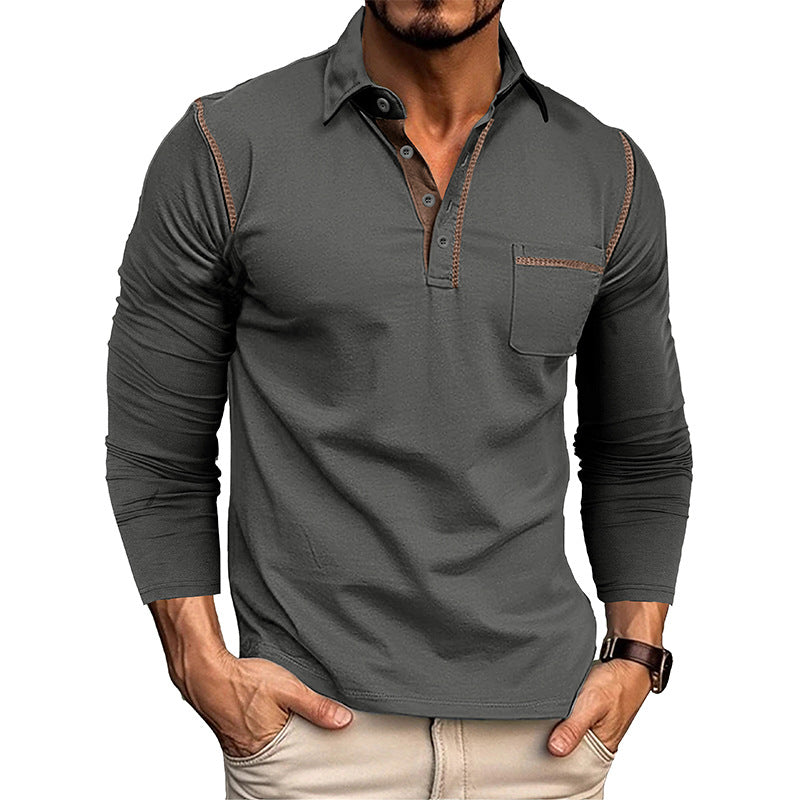 2025 Men's Casual Long Sleeve Polo Lapel T-shirt American Colorblock Top