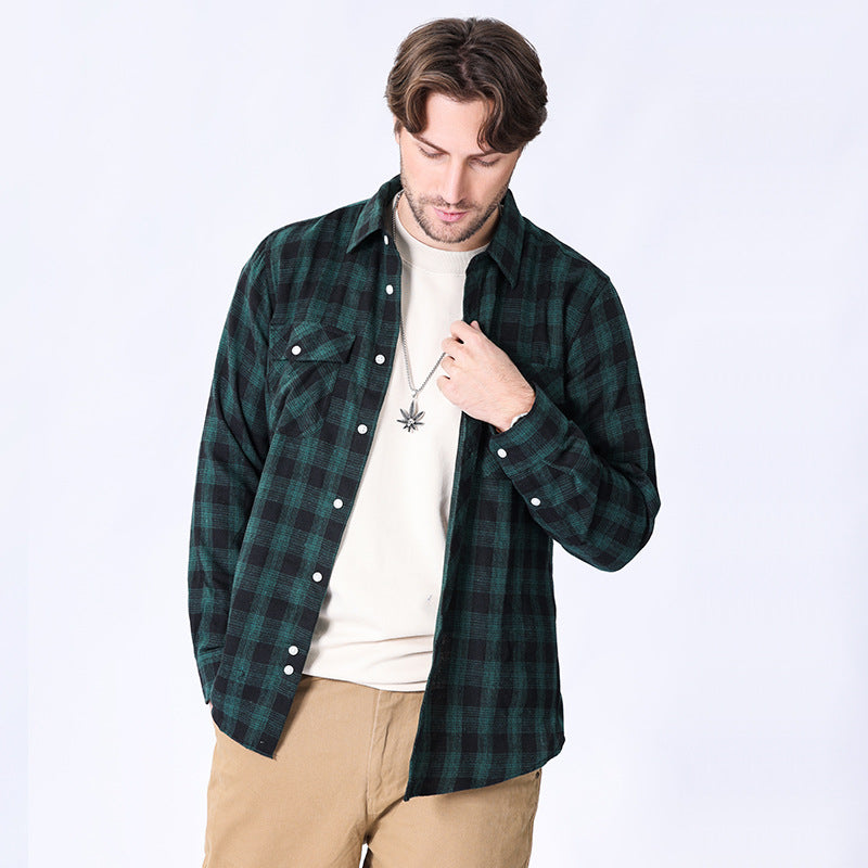 American retro flannel men's long-sleeved brushed plaid shirt men's cool jacket