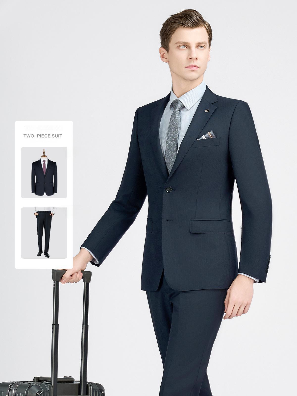 Men's casual suit set, men's navy blue herringbone wool suit, professional jacket