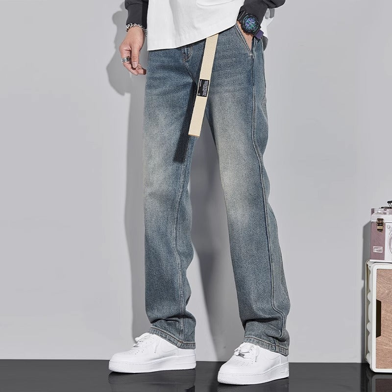 Spring retro jeans men's loose straight trendy men's pants high street wide-leg pants