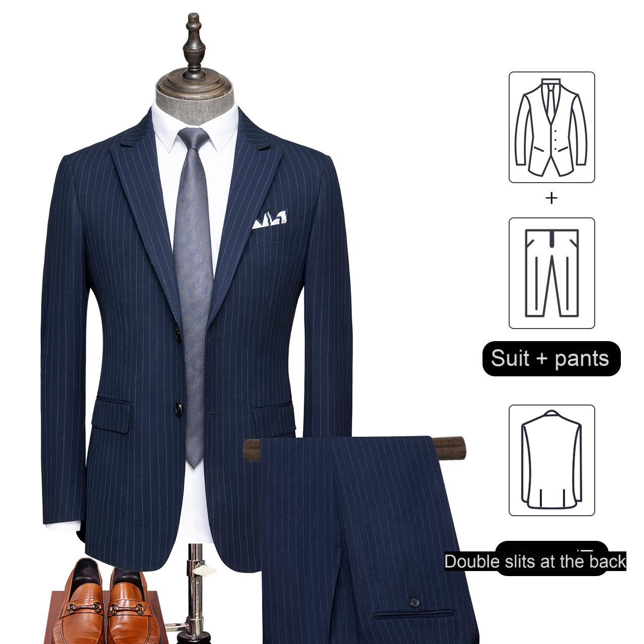 Men's suit set navy blue stripes handsome groom wedding dress corporate executive professional suit