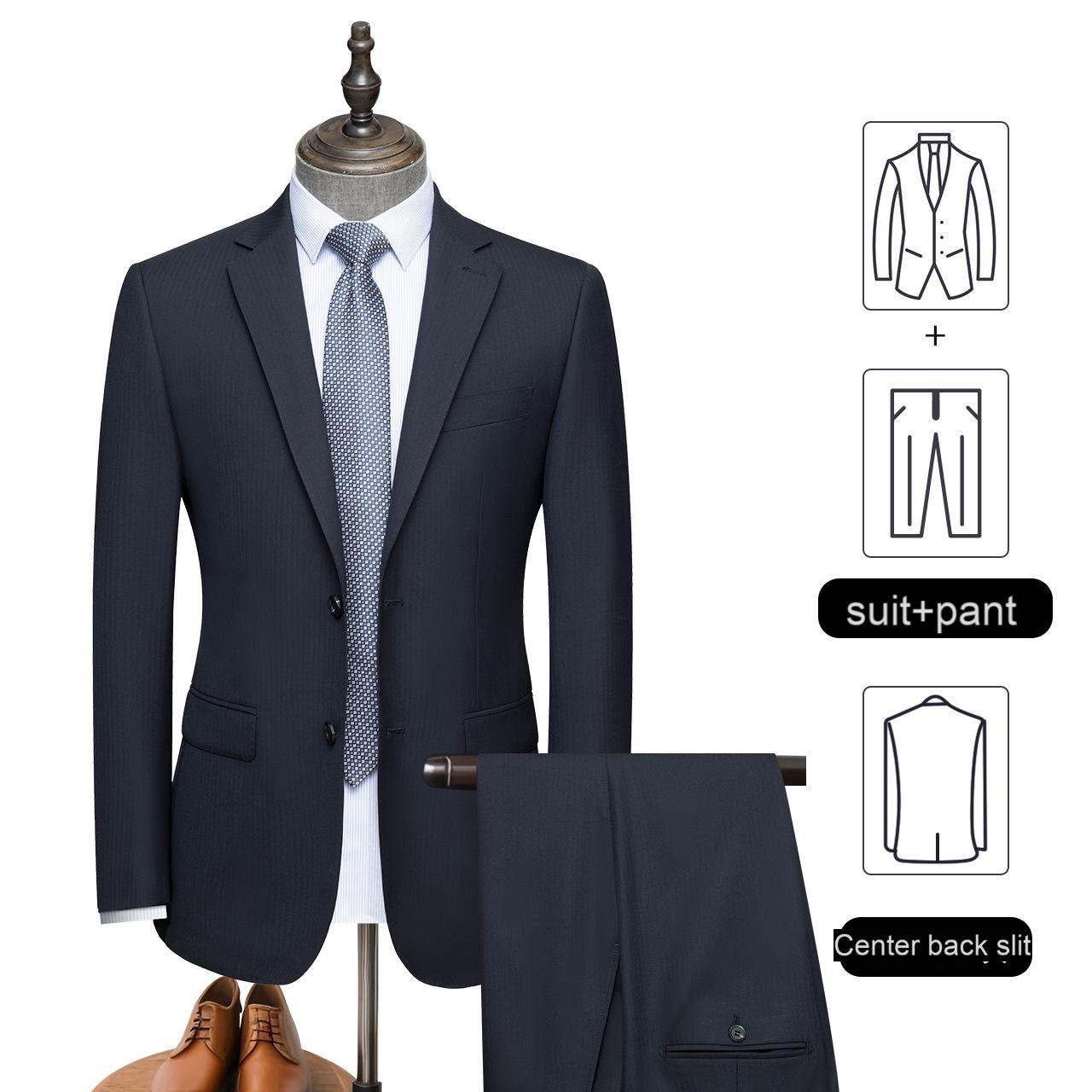 Men's casual suit set, men's navy blue herringbone wool suit, professional jacket