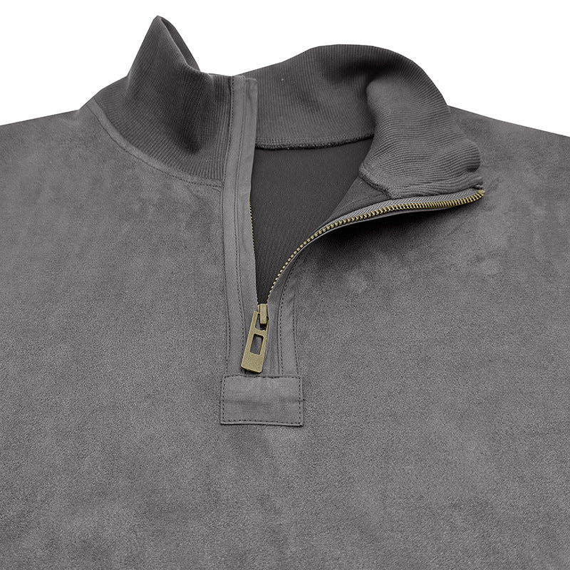 Long-sleeved zipper stand-up collar sweatshirt men's Henry collar imitation leather line pullover top