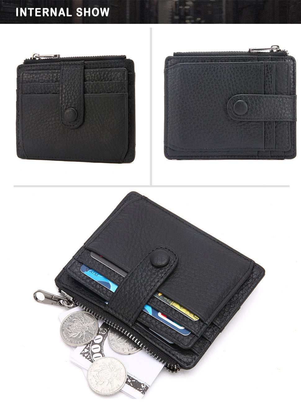 New genuine leather card holder zipper coin purse, gift multi-card slot cowhide card holder ultra-thin wallet