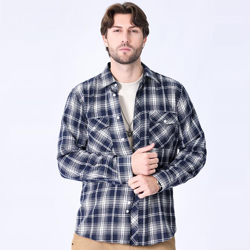 American retro flannel men's long-sleeved brushed plaid shirt men's cool jacket