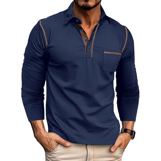 2025 Men's Casual Long Sleeve Polo Lapel T-shirt American Colorblock Top