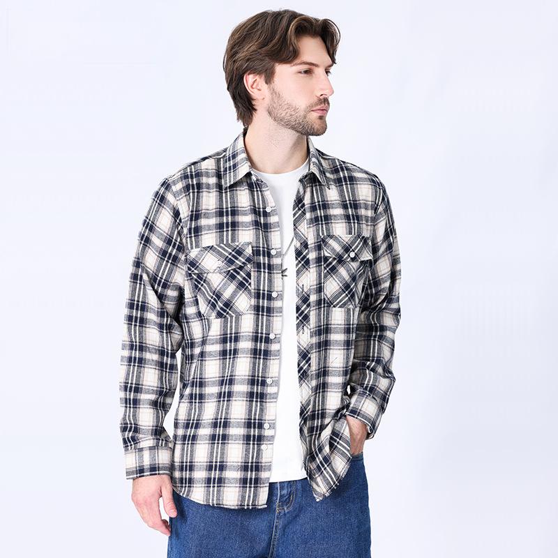 American retro flannel men's long-sleeved brushed plaid shirt men's cool jacket