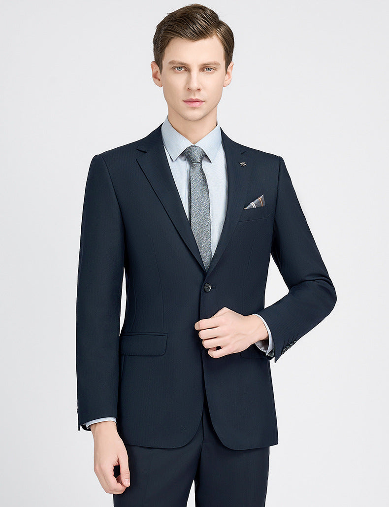 Men's casual suit set, men's navy blue herringbone wool suit, professional jacket