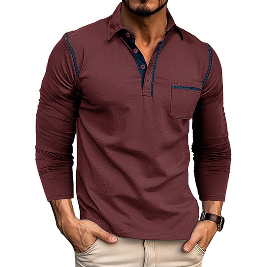 2025 Men's Casual Long Sleeve Polo Lapel T-shirt American Colorblock Top