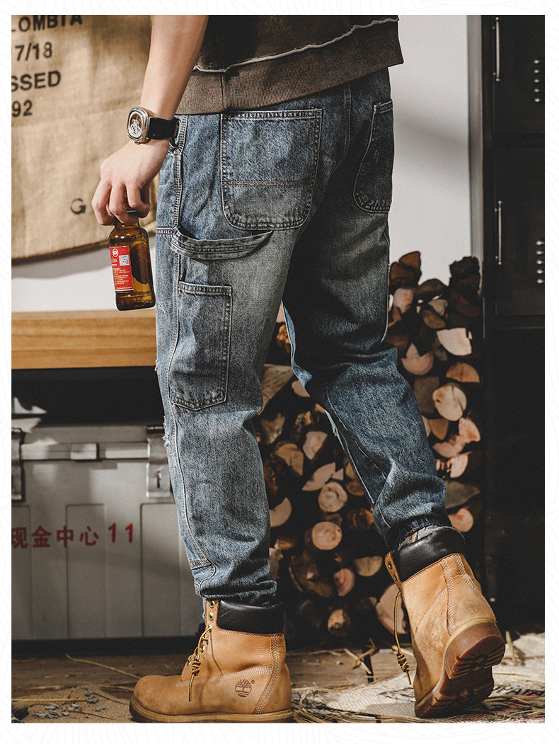 American heavyweight retro work pants men's loose straight men's jeans trendy brand ripped men's casual men's pants