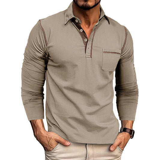 2025 Men's Casual Long Sleeve Polo Lapel T-shirt American Colorblock Top