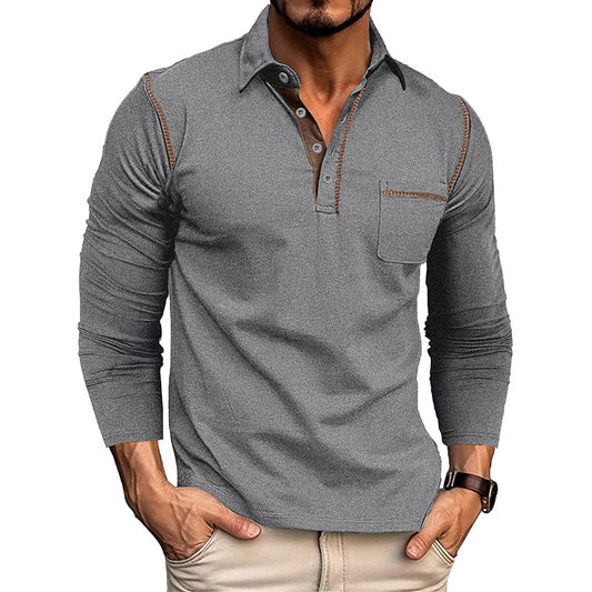 2025 Men's Casual Long Sleeve Polo Lapel T-shirt American Colorblock Top