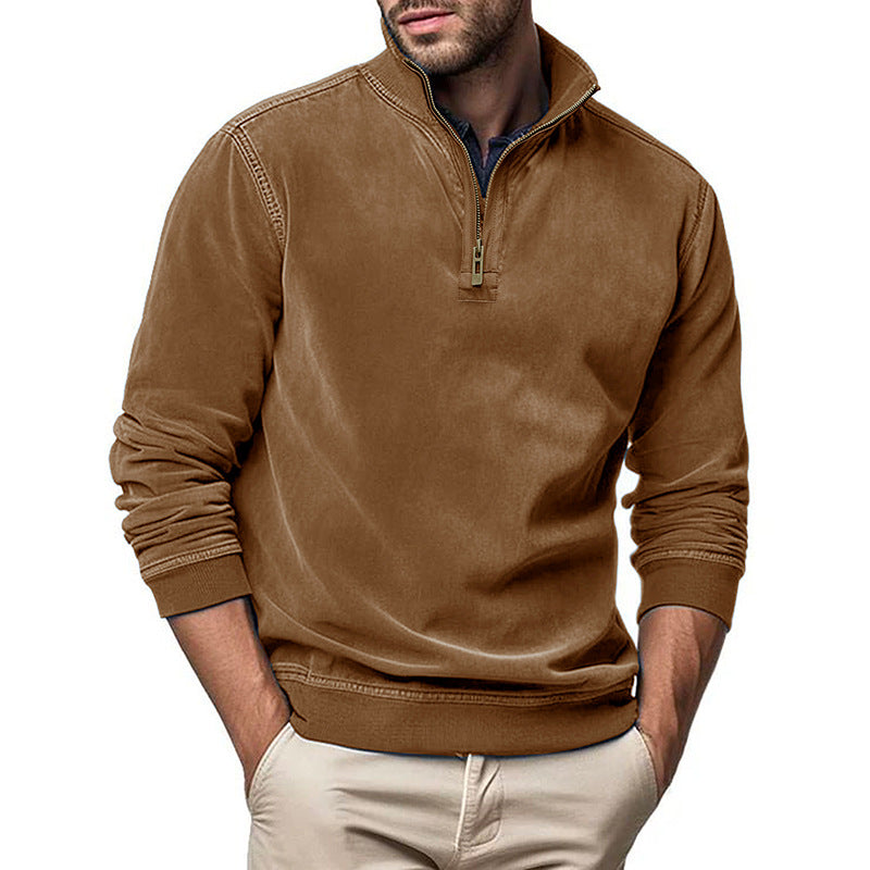 Long-sleeved zipper stand-up collar sweatshirt men's Henry collar imitation leather line pullover top