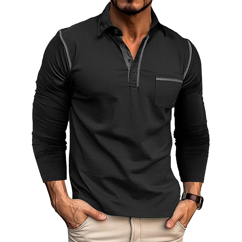 2025 Men's Casual Long Sleeve Polo Lapel T-shirt American Colorblock Top