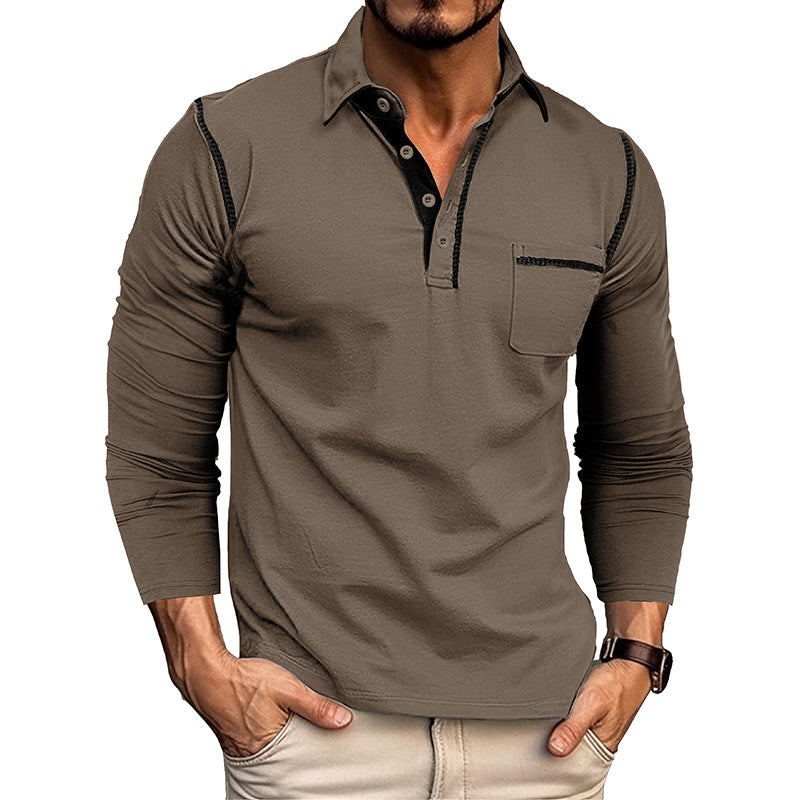 2025 Men's Casual Long Sleeve Polo Lapel T-shirt American Colorblock Top