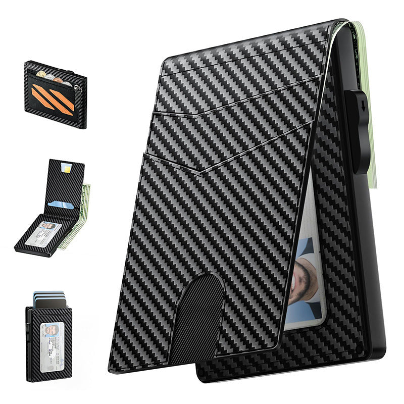 Automatic pop-up flip metal card box customizable men's wallet carbon fiber genuine leather card holder