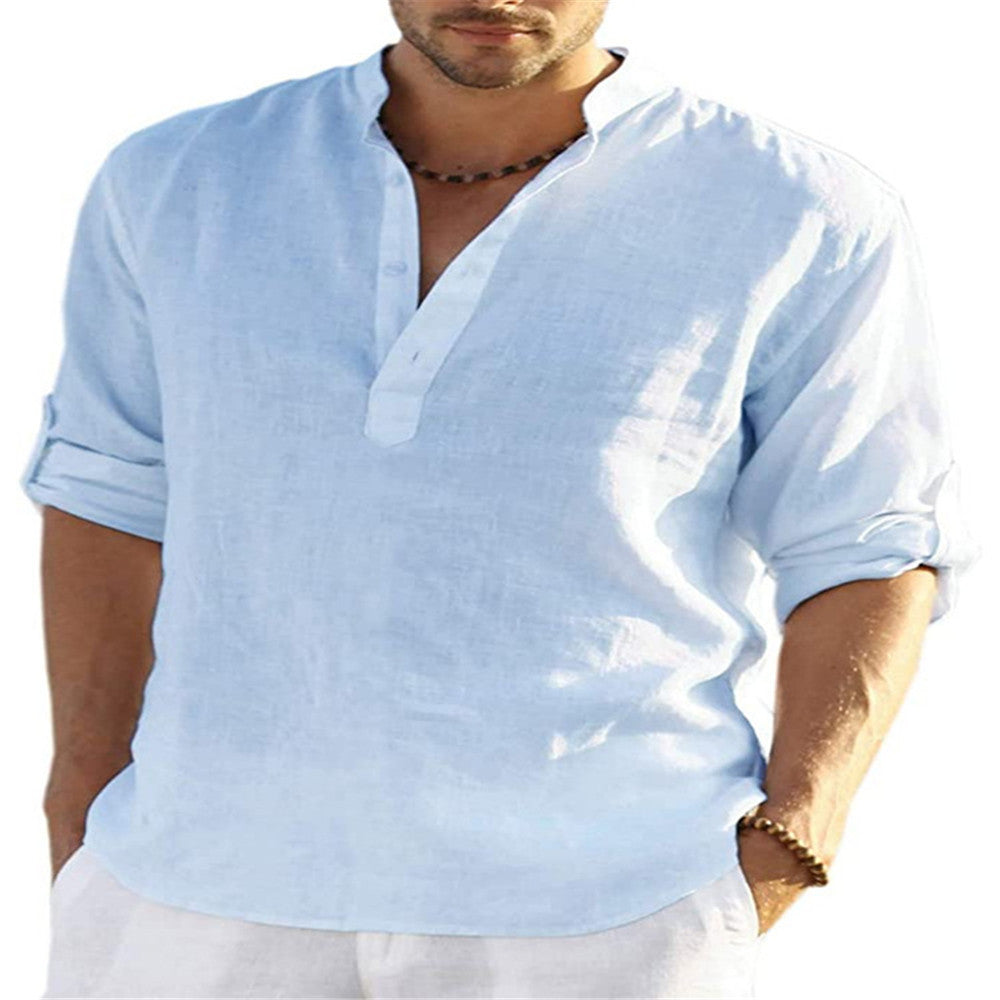 Men's casual cotton and linen solid color long-sleeved shirt loose stand-up collar shirt