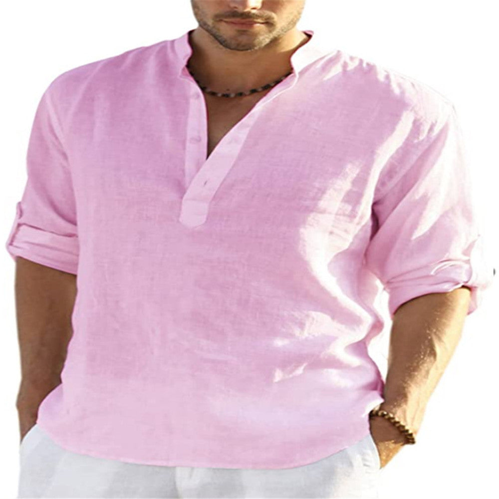 Men's casual cotton and linen solid color long-sleeved shirt loose stand-up collar shirt