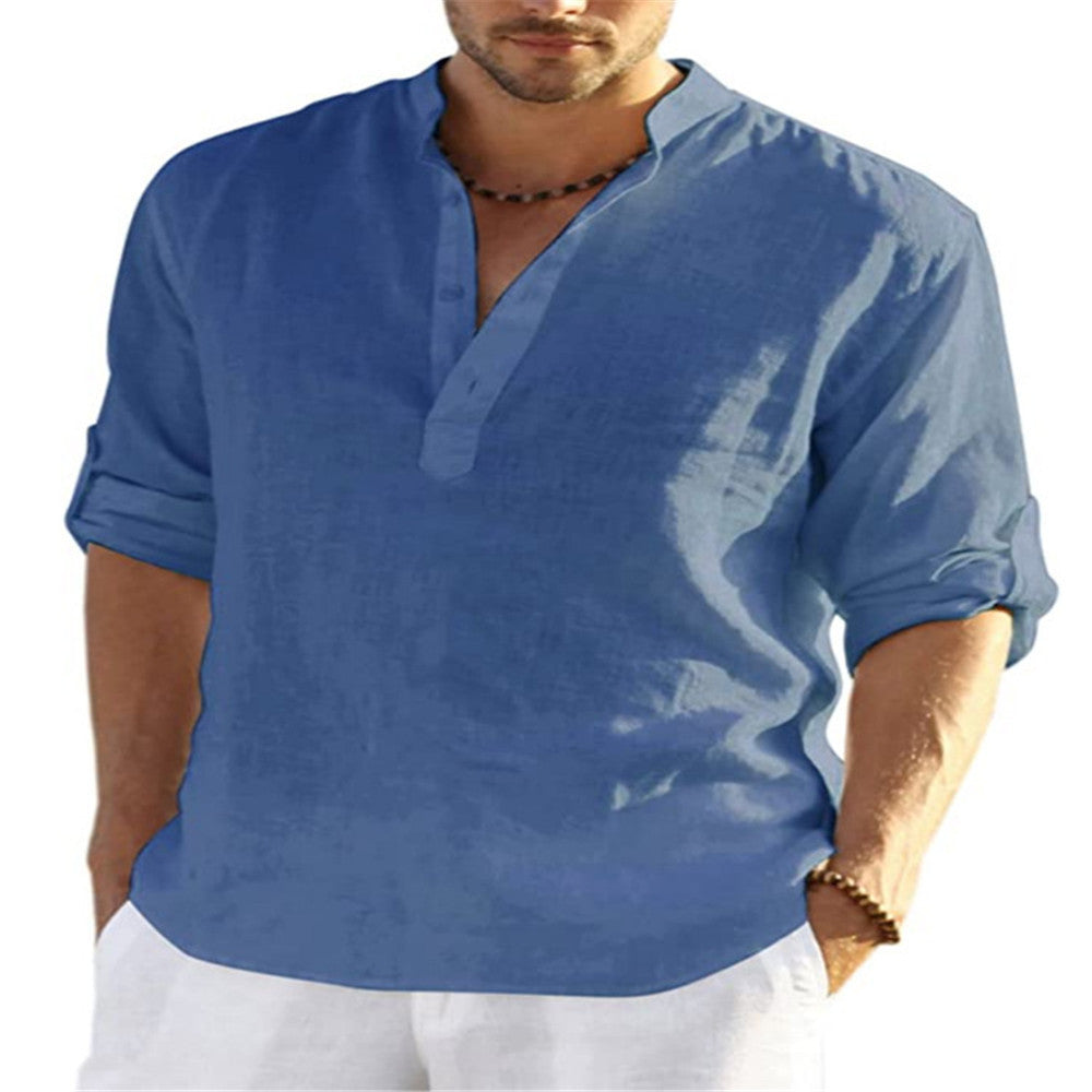 Men's casual cotton and linen solid color long-sleeved shirt loose stand-up collar shirt